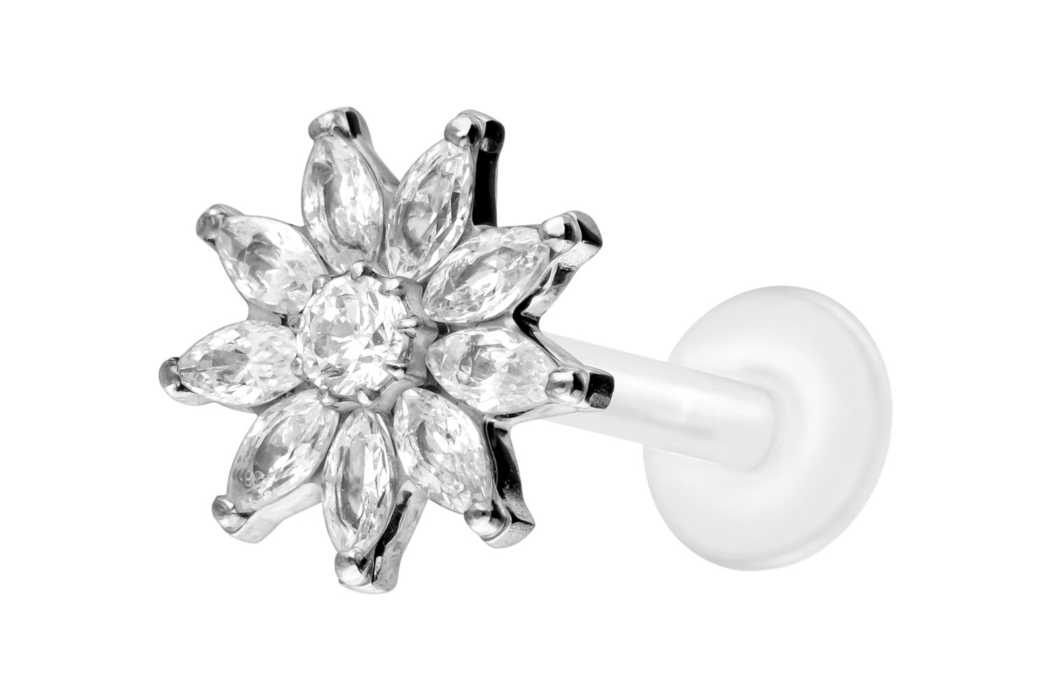 PTFE Labret Piercing mit Innengewinde + Titan-Aufsatz KRISTALLBLUME